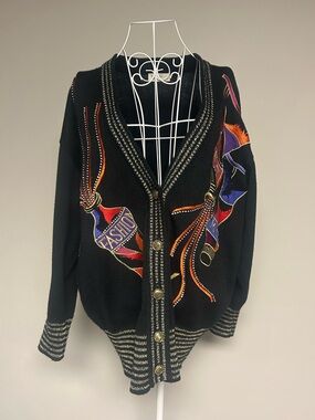 90s Coogi Style Embroidered Knit Cardigan Black Wool Acrylic Statement Sweater